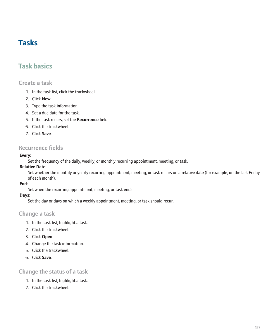 Tasks, Task basics, Create a task | Recurrence fields, Change a task, Change the status of a task | Blackberry 8707 Series User Manual | Page 159 / 240