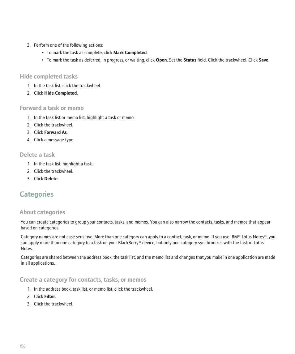 Categories, Hide completed tasks, Delete a task | About categories | Blackberry 8707 Series User Manual | Page 160 / 240
