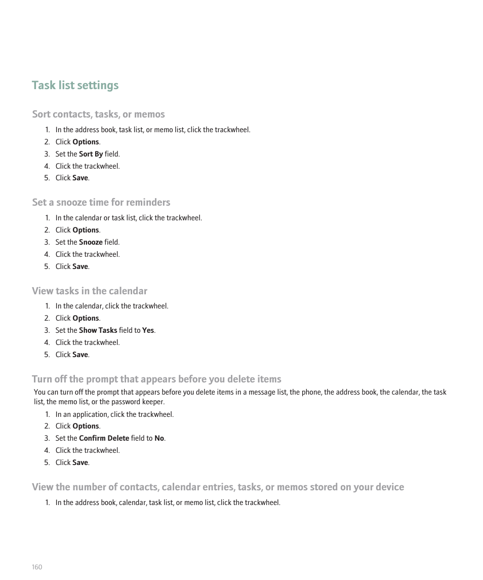 Task list settings, Set a snooze time for reminders, View tasks in the calendar | Blackberry 8707 Series User Manual | Page 162 / 240