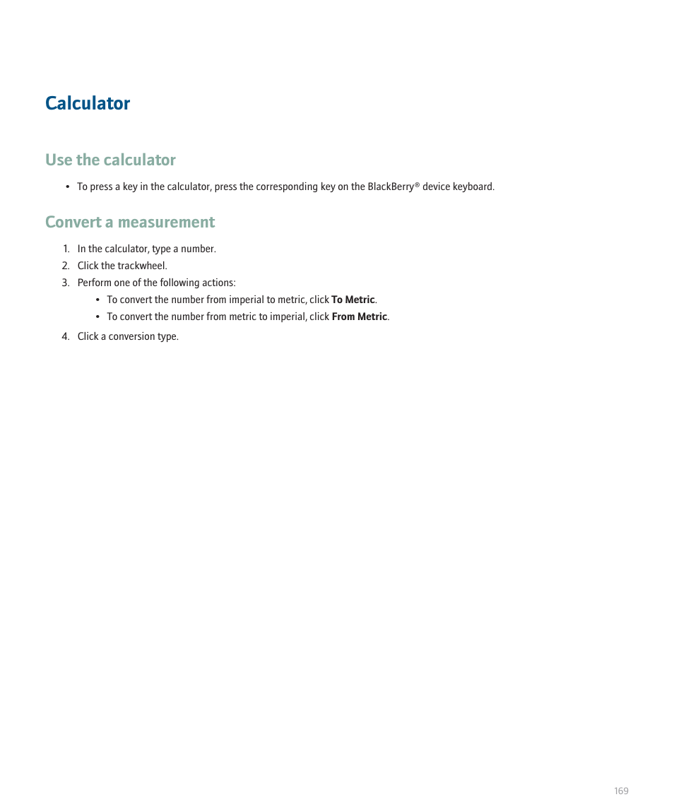 Calculator, Use the calculator, Convert a measurement | Blackberry 8707 Series User Manual | Page 171 / 240