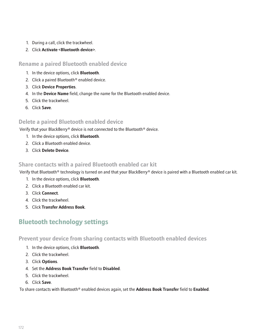 Bluetooth technology settings, Rename a paired bluetooth enabled device, Delete a paired bluetooth enabled device | Blackberry 8707 Series User Manual | Page 174 / 240
