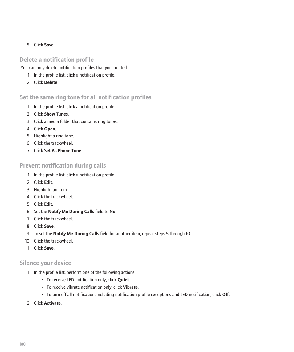 Delete a notification profile, Prevent notification during calls, Silence your device | Blackberry 8707 Series User Manual | Page 182 / 240