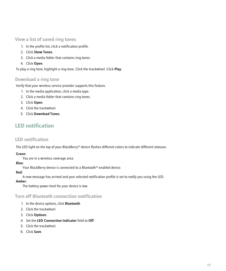 Led notification, View a list of saved ring tones, Download a ring tone | Turn off bluetooth connection notification | Blackberry 8707 Series User Manual | Page 183 / 240