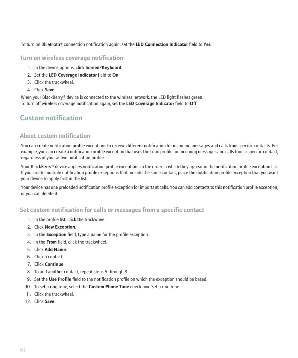 Custom notification, Turn on wireless coverage notification, About custom notification | Blackberry 8707 Series User Manual | Page 184 / 240