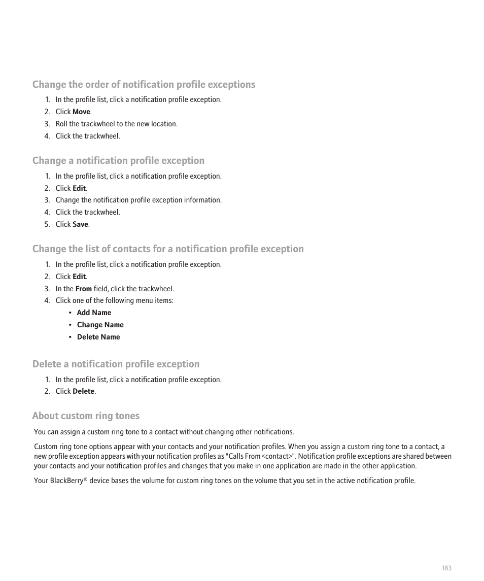 Change a notification profile exception, Delete a notification profile exception, About custom ring tones | Blackberry 8707 Series User Manual | Page 185 / 240