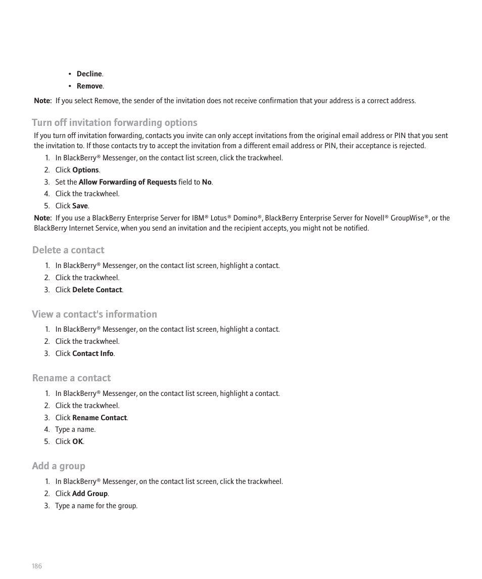 Turn off invitation forwarding options, Delete a contact, View a contact's information | Rename a contact, Add a group | Blackberry 8707 Series User Manual | Page 188 / 240