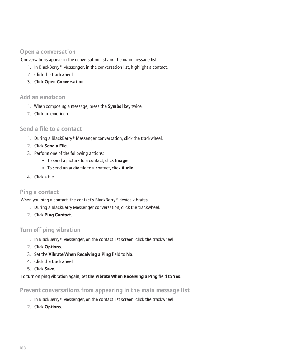 Open a conversation, Add an emoticon, Send a file to a contact | Ping a contact, Turn off ping vibration | Blackberry 8707 Series User Manual | Page 190 / 240
