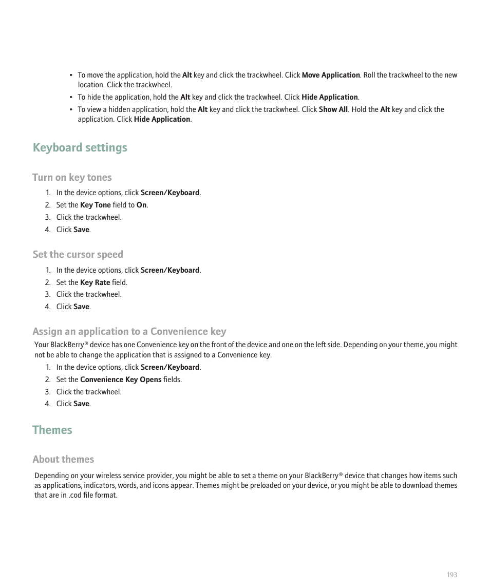 Keyboard settings, Themes, Turn on key tones | Set the cursor speed, Assign an application to a convenience key, About themes | Blackberry 8707 Series User Manual | Page 195 / 240