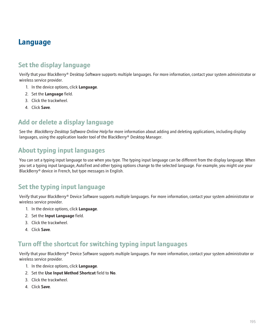 Language, Set the display language, Add or delete a display language | About typing input languages, Set the typing input language | Blackberry 8707 Series User Manual | Page 197 / 240