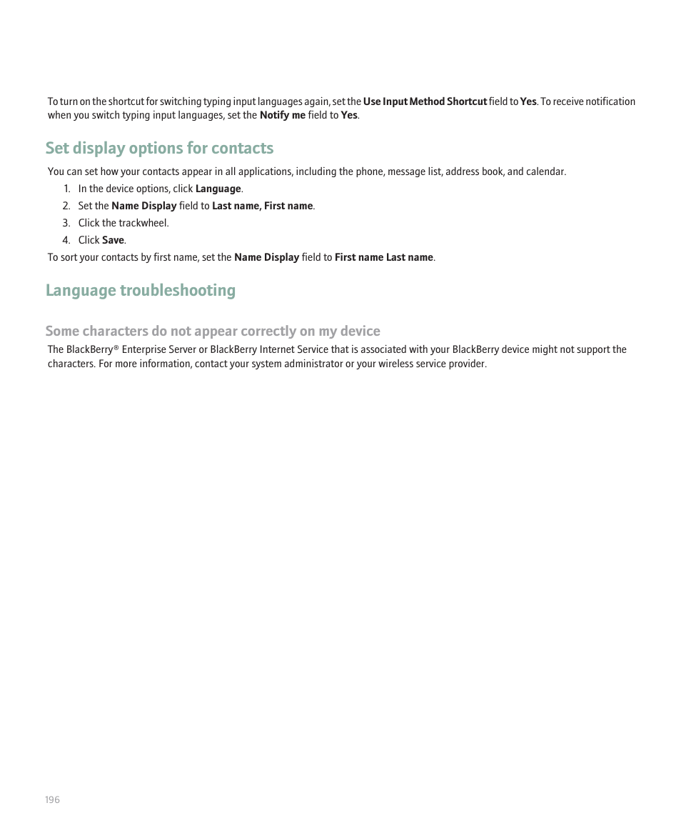 Set display options for contacts, Language troubleshooting | Blackberry 8707 Series User Manual | Page 198 / 240