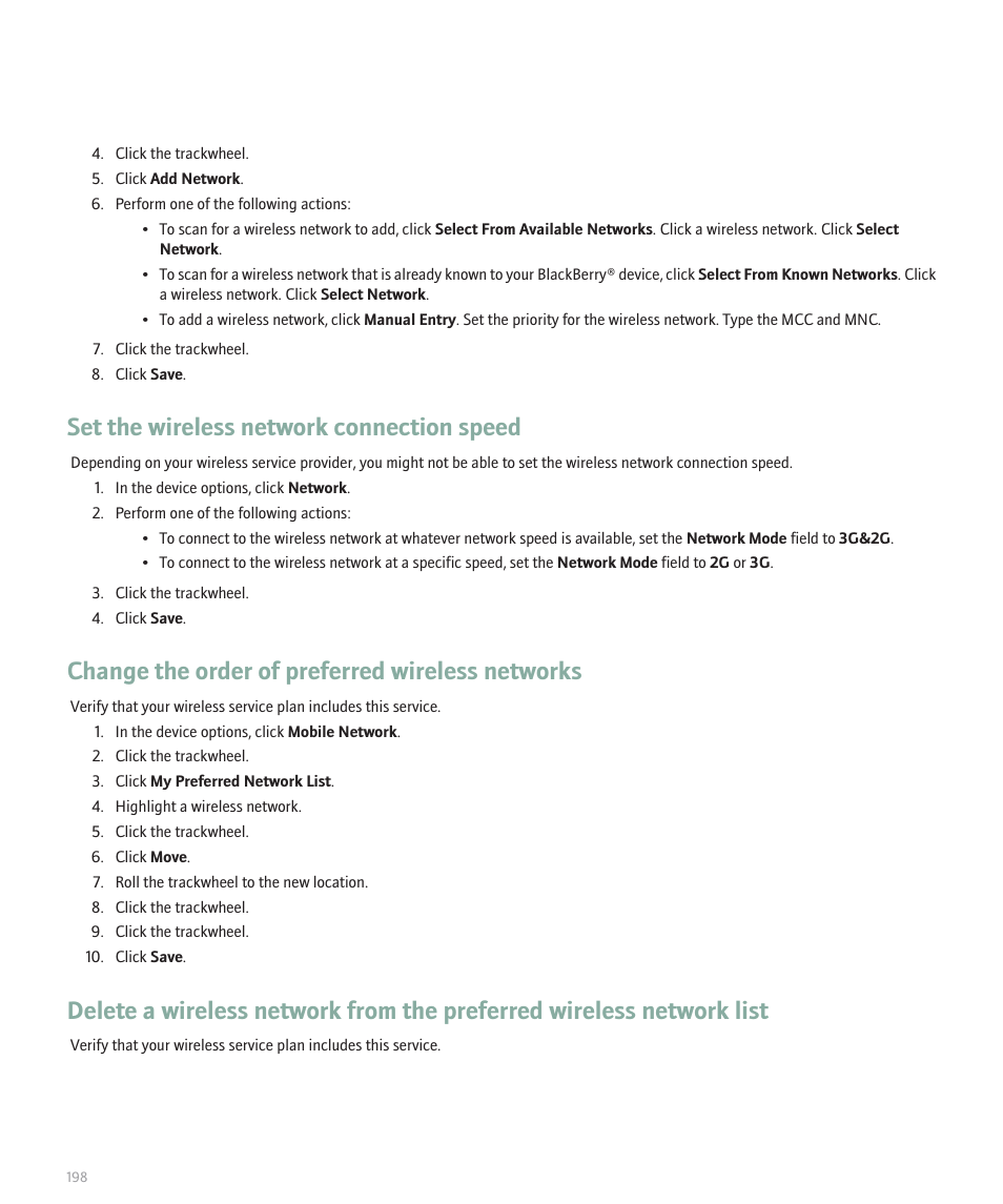 Set the wireless network connection speed, Change the order of preferred wireless networks | Blackberry 8707 Series User Manual | Page 200 / 240