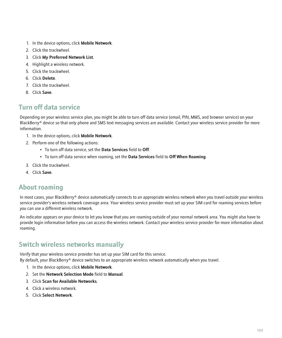 Turn off data service, About roaming, Switch wireless networks manually | Blackberry 8707 Series User Manual | Page 201 / 240
