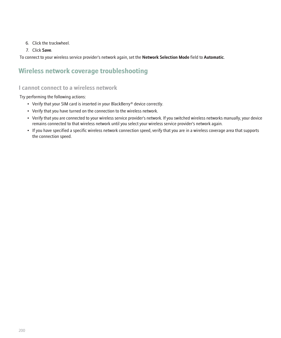 Wireless network coverage troubleshooting, I cannot connect to a wireless network | Blackberry 8707 Series User Manual | Page 202 / 240