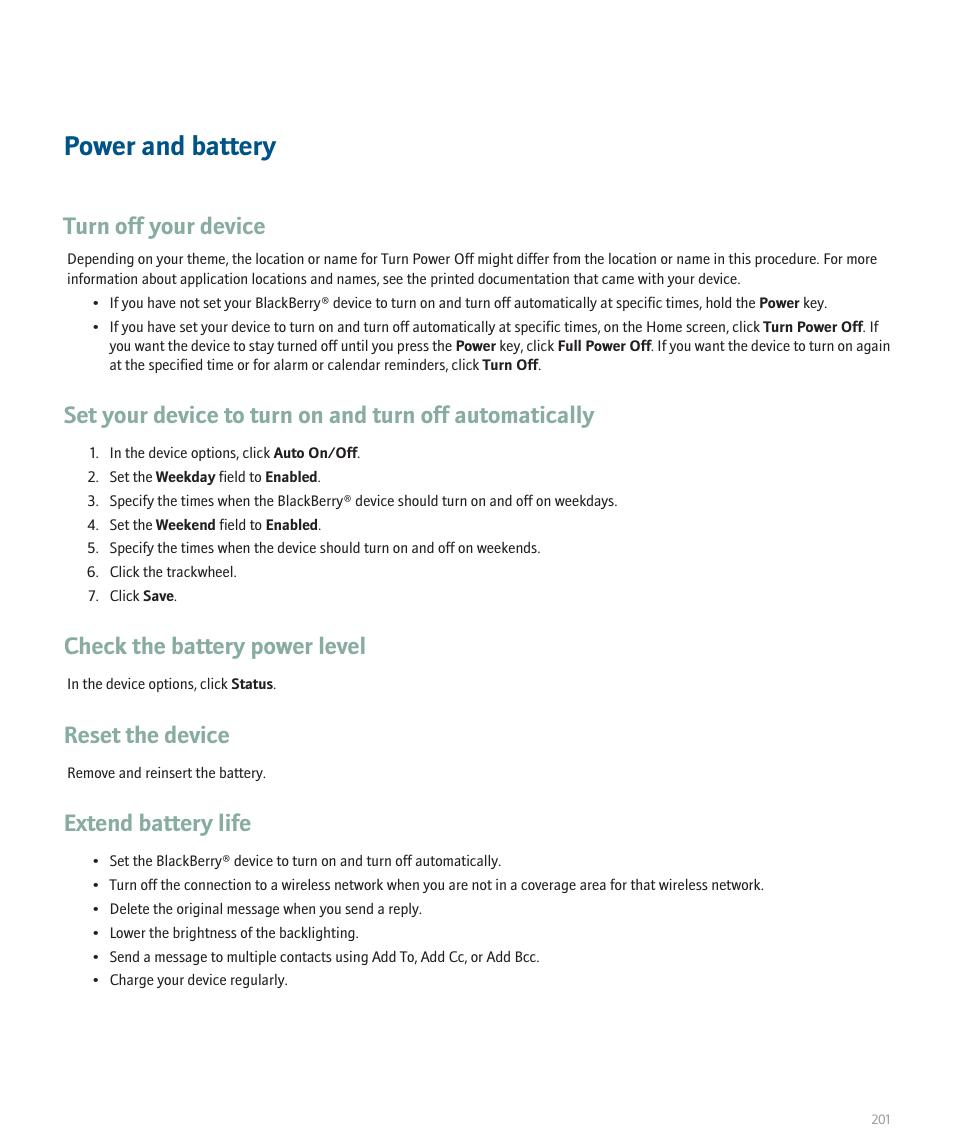 Power and battery, Turn off your device, Check the battery power level | Reset the device, Extend battery life | Blackberry 8707 Series User Manual | Page 203 / 240