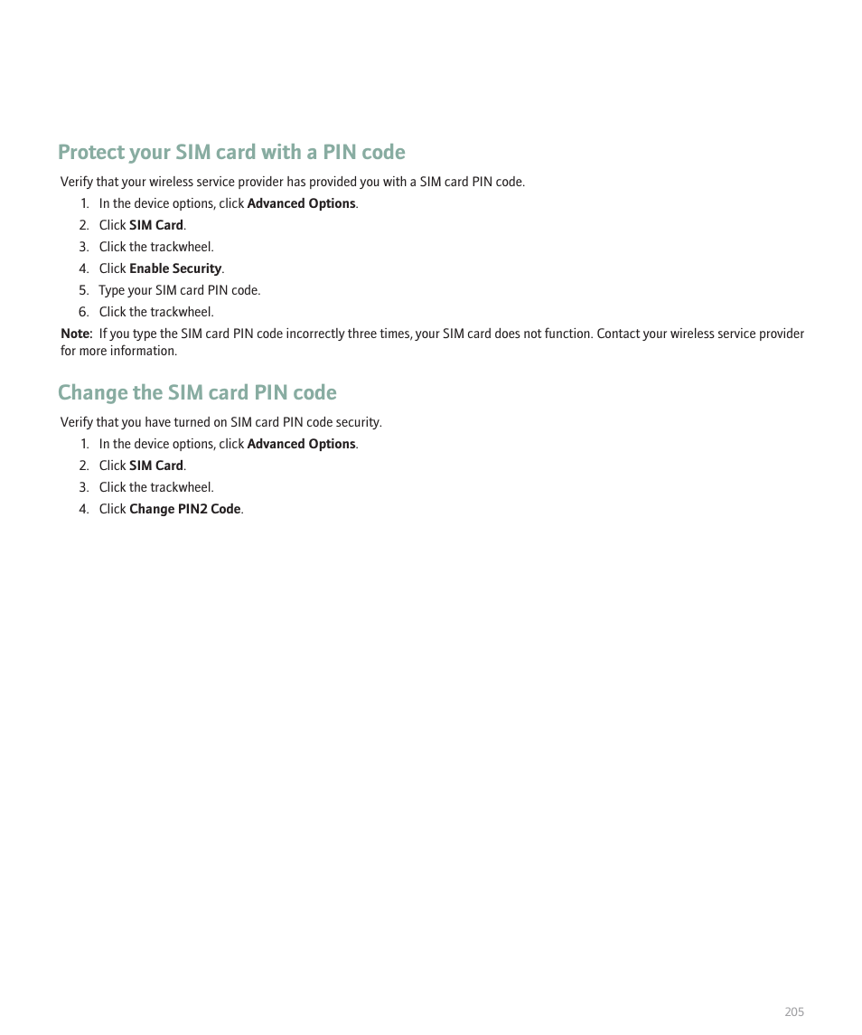 Protect your sim card with a pin code, Change the sim card pin code | Blackberry 8707 Series User Manual | Page 207 / 240