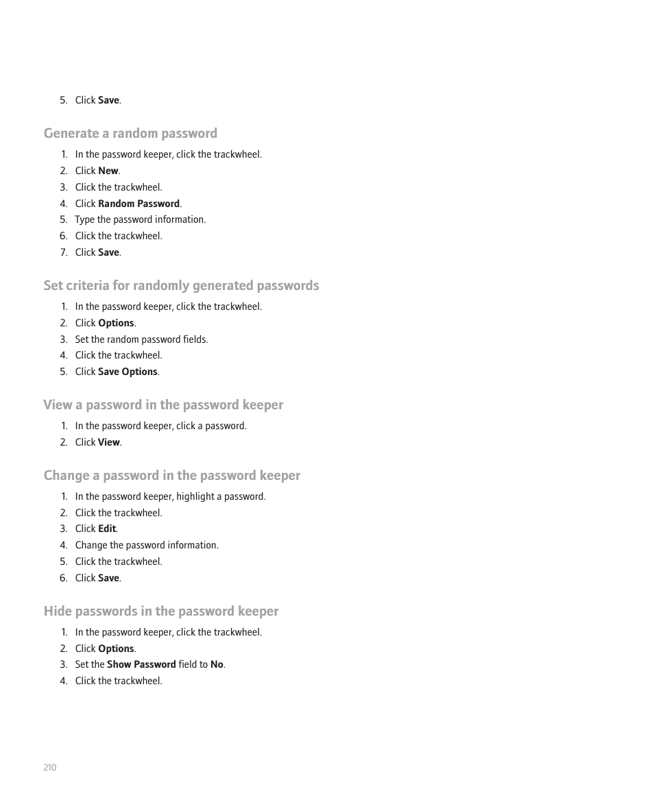 Generate a random password, Set criteria for randomly generated passwords, View a password in the password keeper | Change a password in the password keeper, Hide passwords in the password keeper | Blackberry 8707 Series User Manual | Page 212 / 240