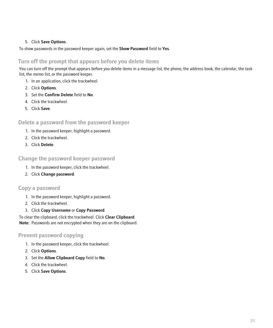 Delete a password from the password keeper, Change the password keeper password, Copy a password | Prevent password copying | Blackberry 8707 Series User Manual | Page 213 / 240