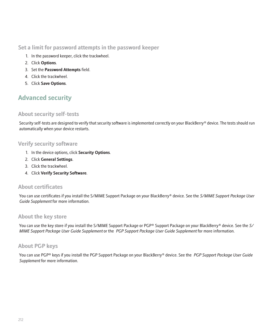 Advanced security, About security self-tests, Verify security software | About certificates, About the key store, About pgp keys | Blackberry 8707 Series User Manual | Page 214 / 240