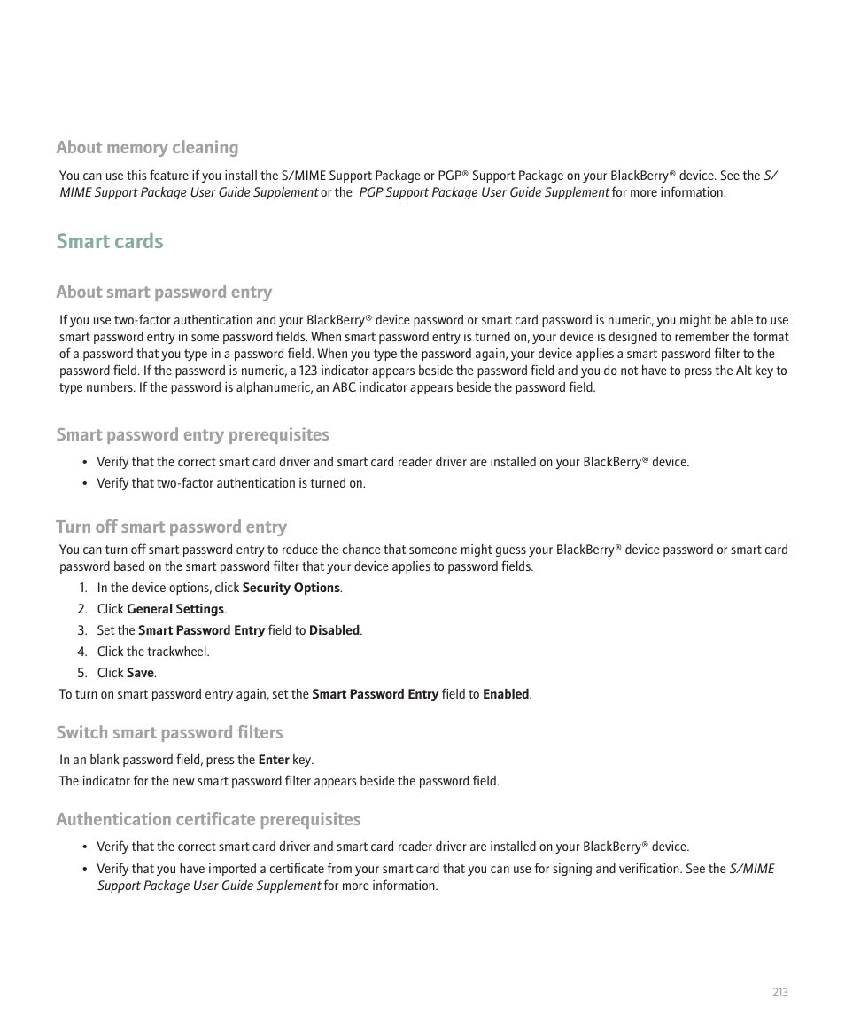 Smart cards, About smart password entry, Smart password entry prerequisites | Turn off smart password entry, Switch smart password filters, Authentication certificate prerequisites | Blackberry 8707 Series User Manual | Page 215 / 240