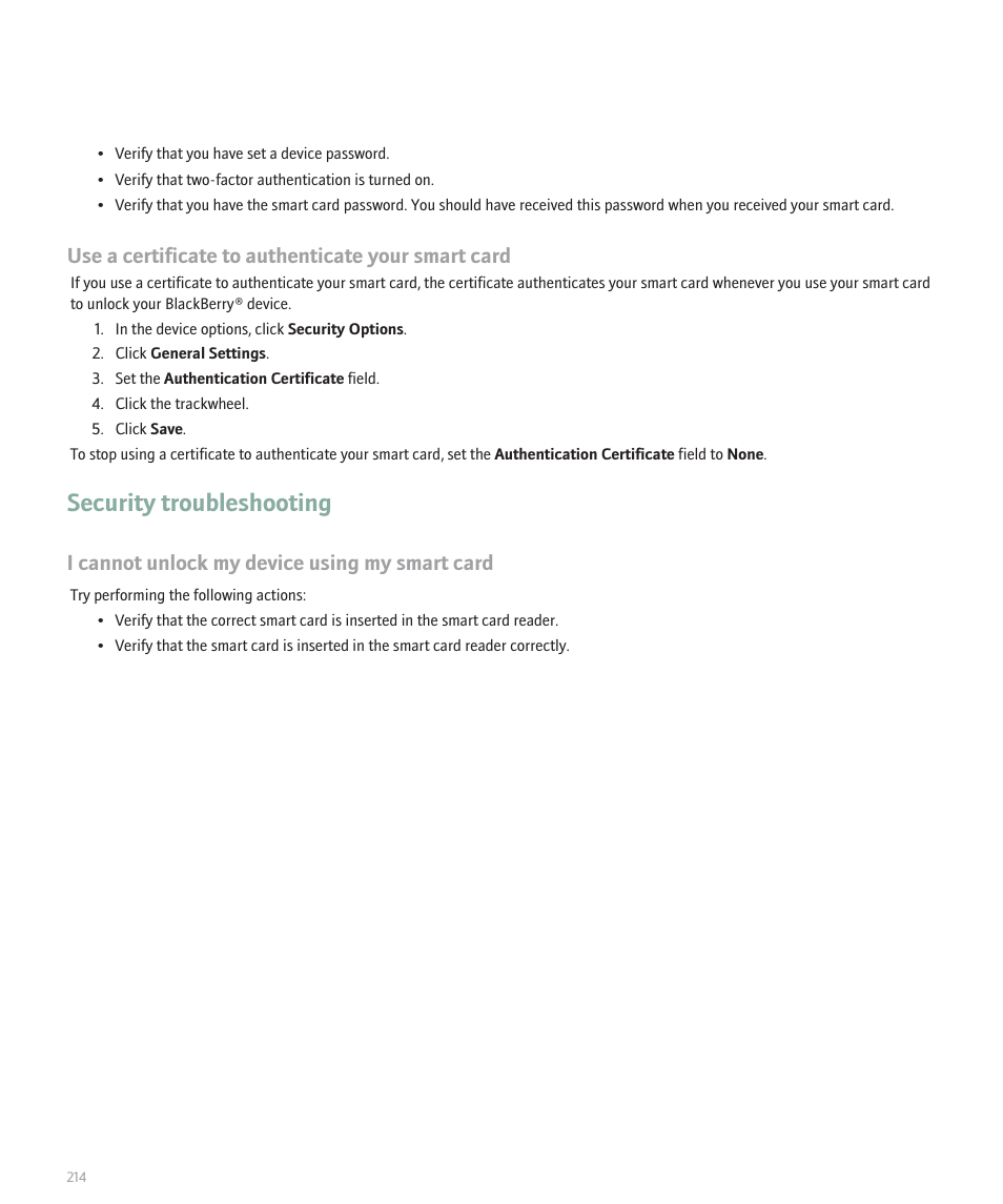 Security troubleshooting, Use a certificate to authenticate your smart card, I cannot unlock my device using my smart card | Blackberry 8707 Series User Manual | Page 216 / 240