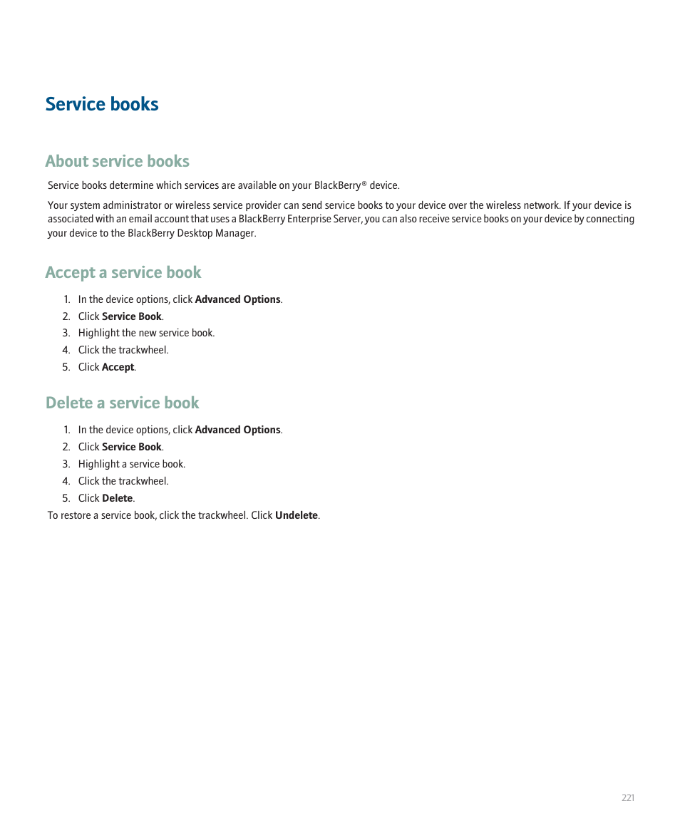 Service books, About service books, Accept a service book | Delete a service book | Blackberry 8707 Series User Manual | Page 223 / 240