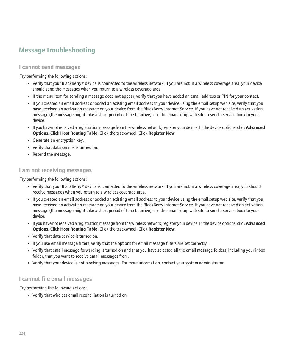 Message troubleshooting, I cannot send messages, I am not receiving messages | I cannot file email messages | Blackberry 8707 Series User Manual | Page 226 / 240