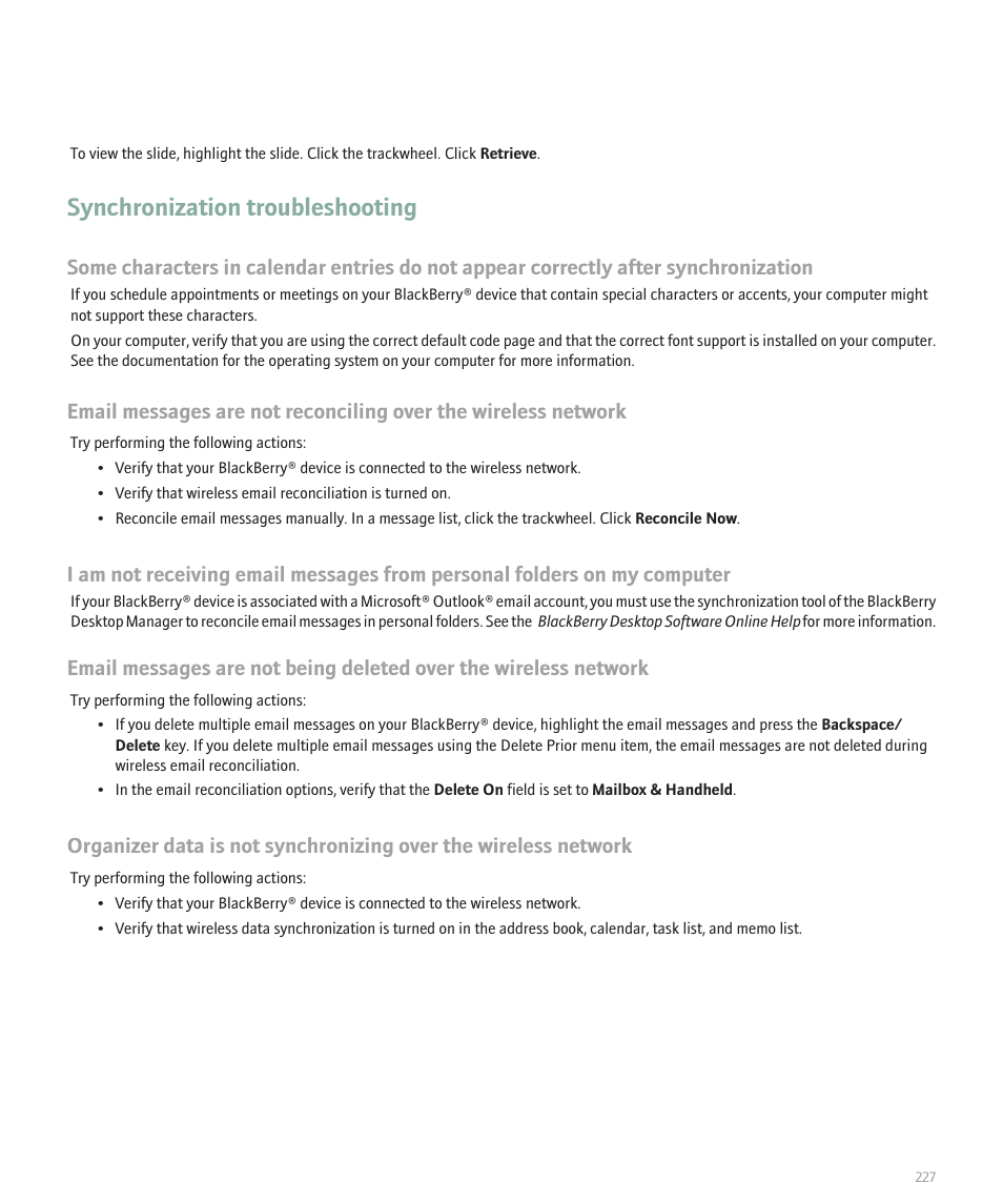 Synchronization troubleshooting | Blackberry 8707 Series User Manual | Page 229 / 240