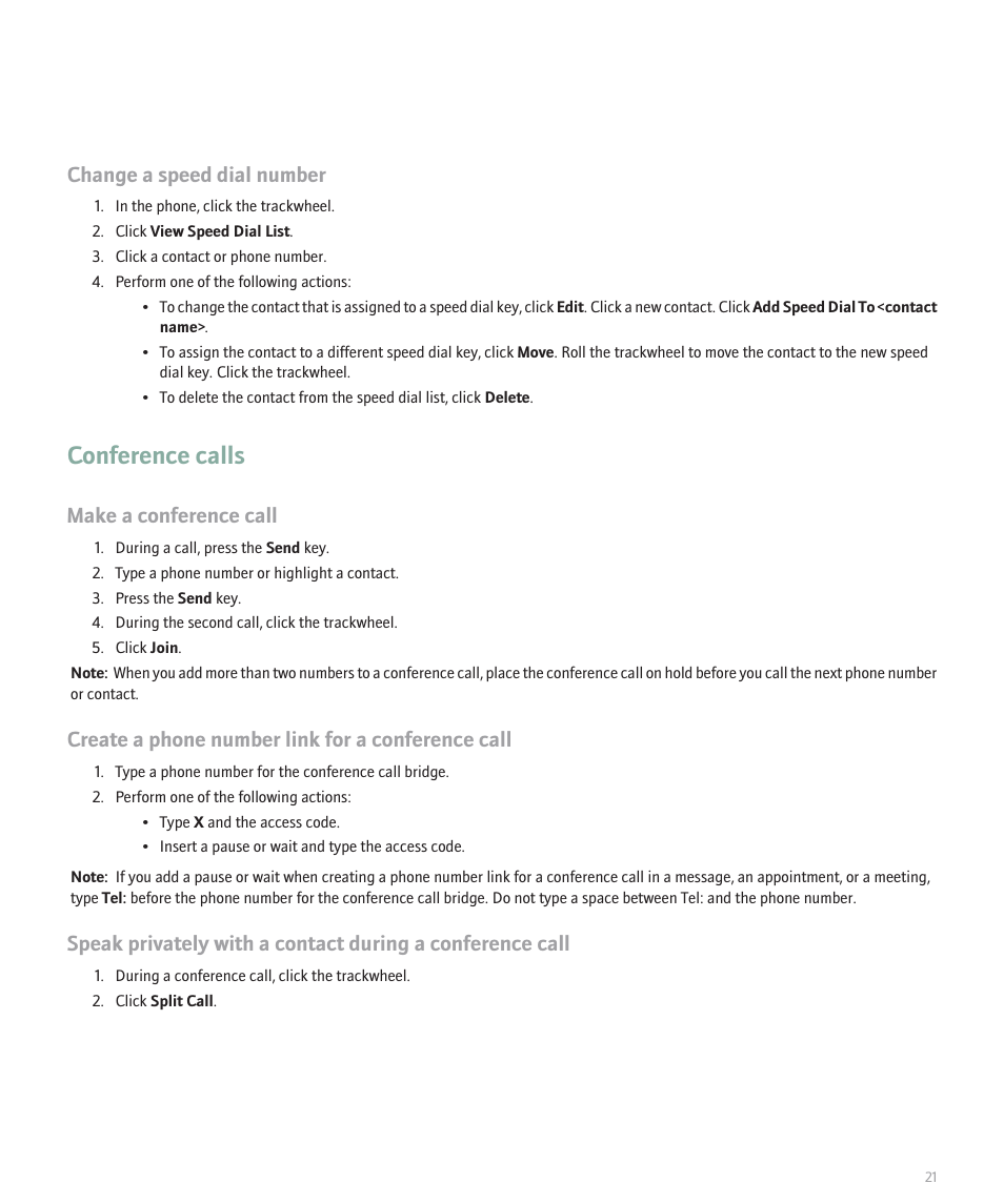 Conference calls, Change a speed dial number, Make a conference call | Create a phone number link for a conference call | Blackberry 8707 Series User Manual | Page 23 / 240