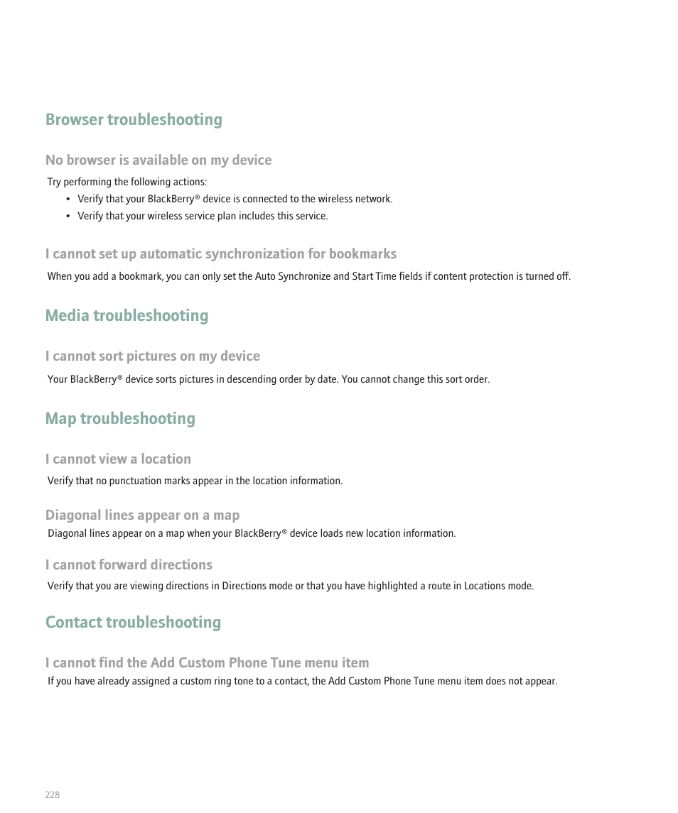 Browser troubleshooting, Media troubleshooting, Map troubleshooting | Contact troubleshooting | Blackberry 8707 Series User Manual | Page 230 / 240