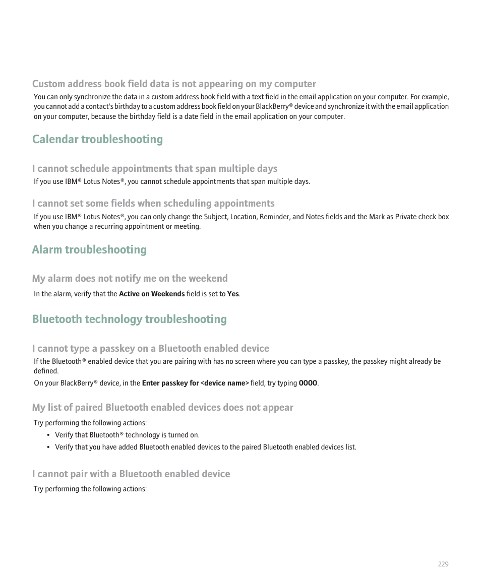 Calendar troubleshooting, Alarm troubleshooting, Bluetooth technology troubleshooting | Blackberry 8707 Series User Manual | Page 231 / 240
