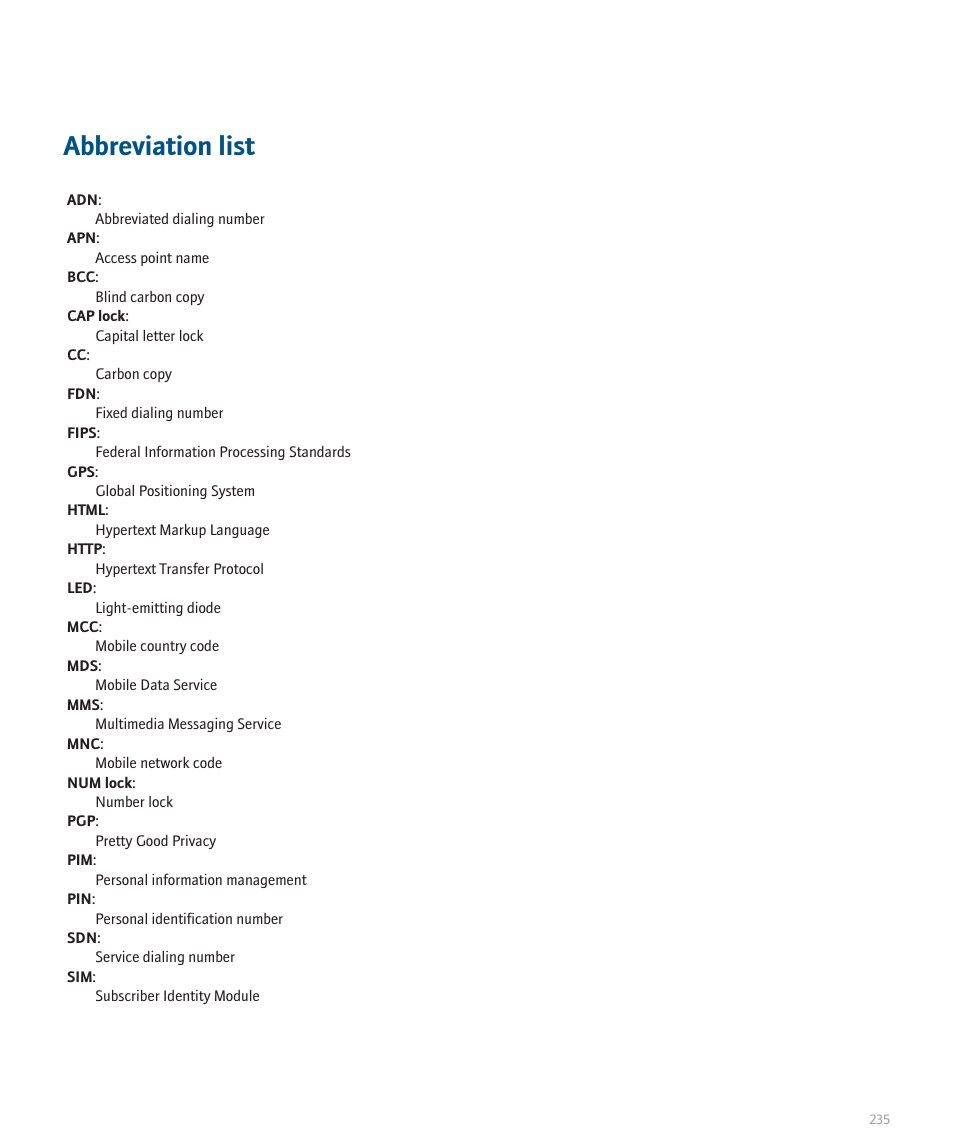 Abbreviation list | Blackberry 8707 Series User Manual | Page 237 / 240