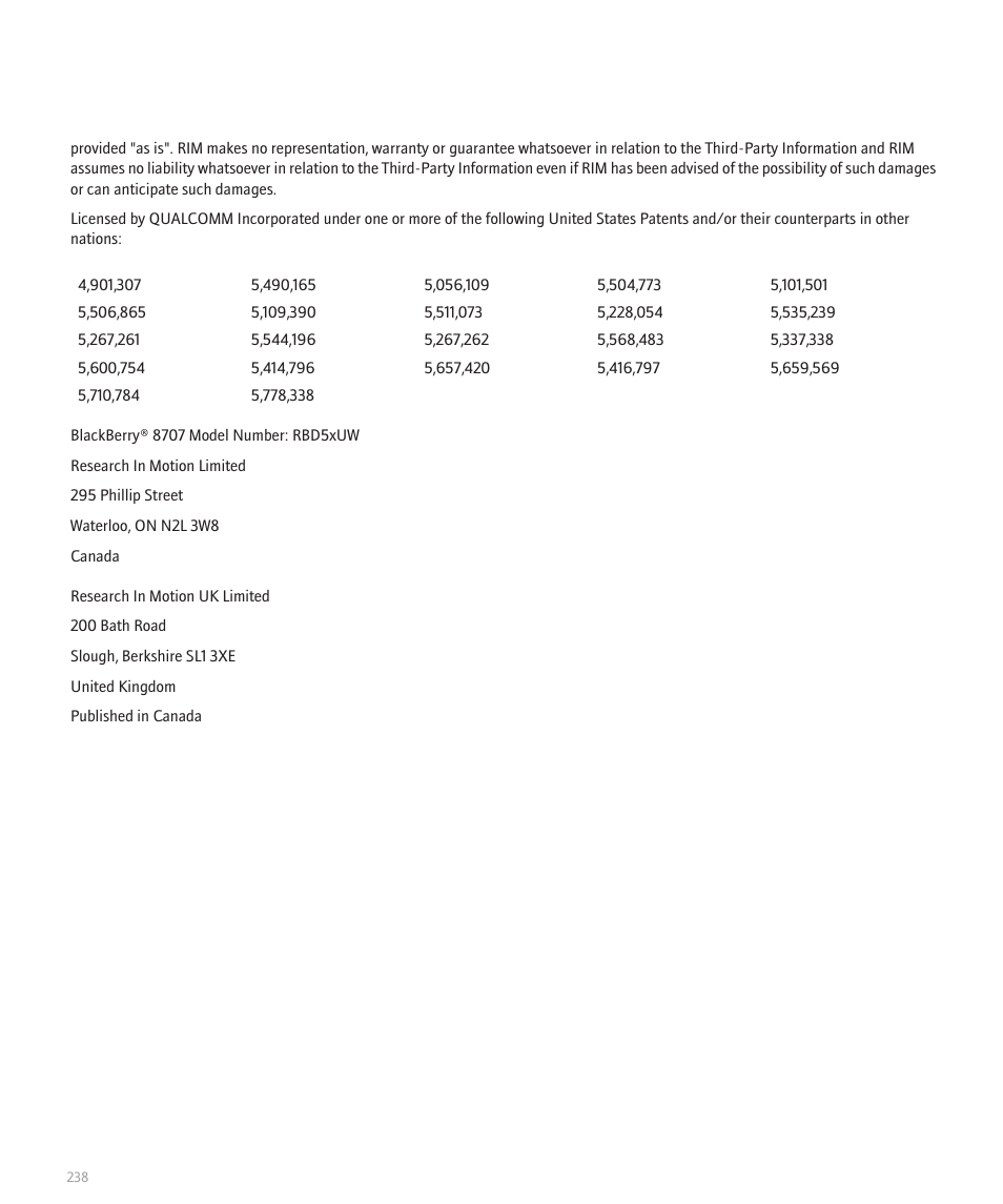 Blackberry 8707 Series User Manual | Page 240 / 240