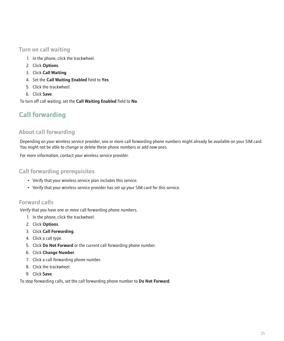 Call forwarding, Turn on call waiting, About call forwarding | Call forwarding prerequisites, Forward calls | Blackberry 8707 Series User Manual | Page 27 / 240