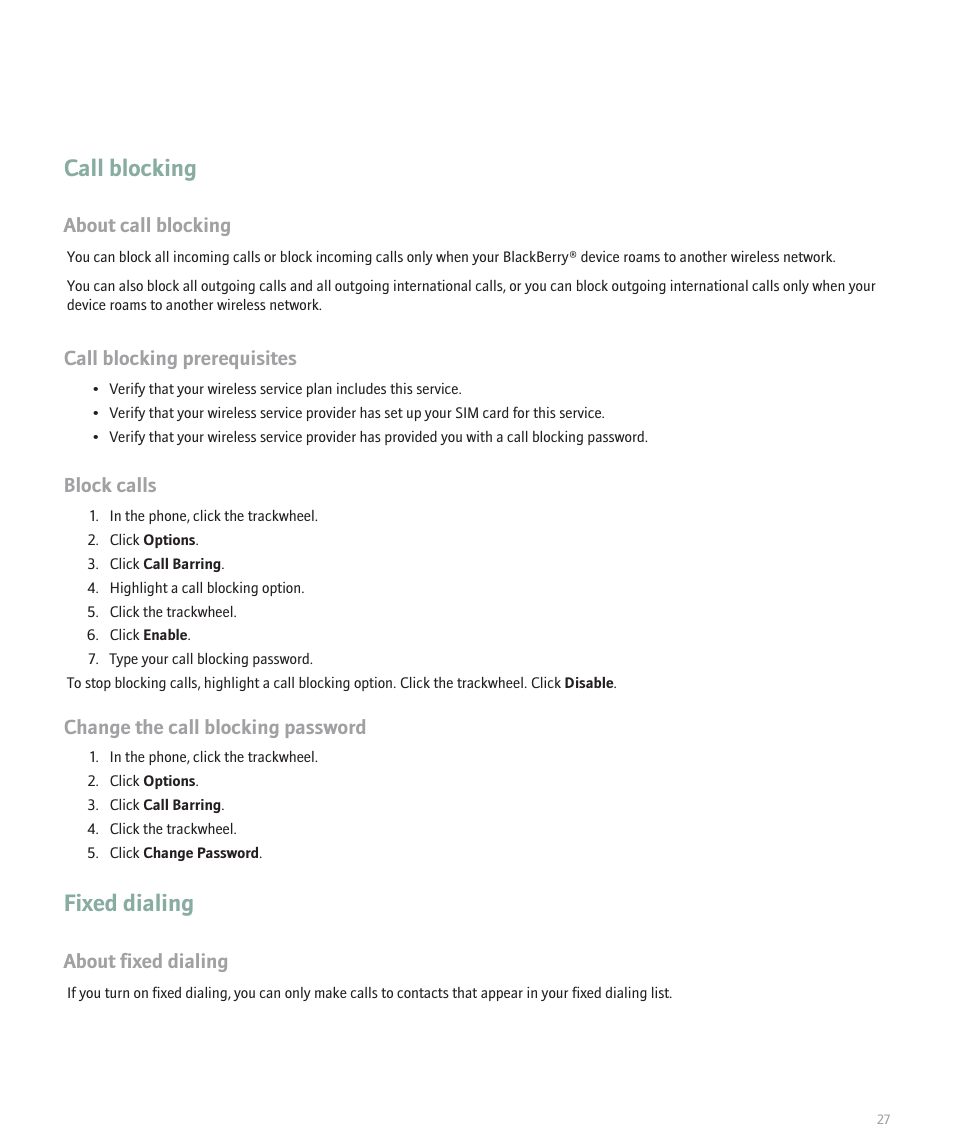 Call blocking, Fixed dialing, About call blocking | Call blocking prerequisites, Block calls, Change the call blocking password, About fixed dialing | Blackberry 8707 Series User Manual | Page 29 / 240