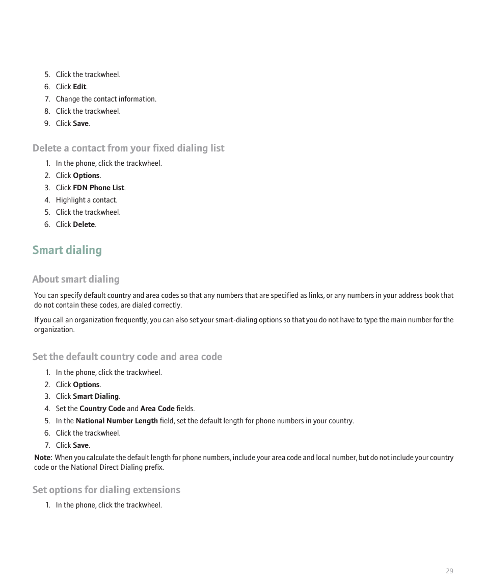Smart dialing, Delete a contact from your fixed dialing list, About smart dialing | Set the default country code and area code, Set options for dialing extensions | Blackberry 8707 Series User Manual | Page 31 / 240