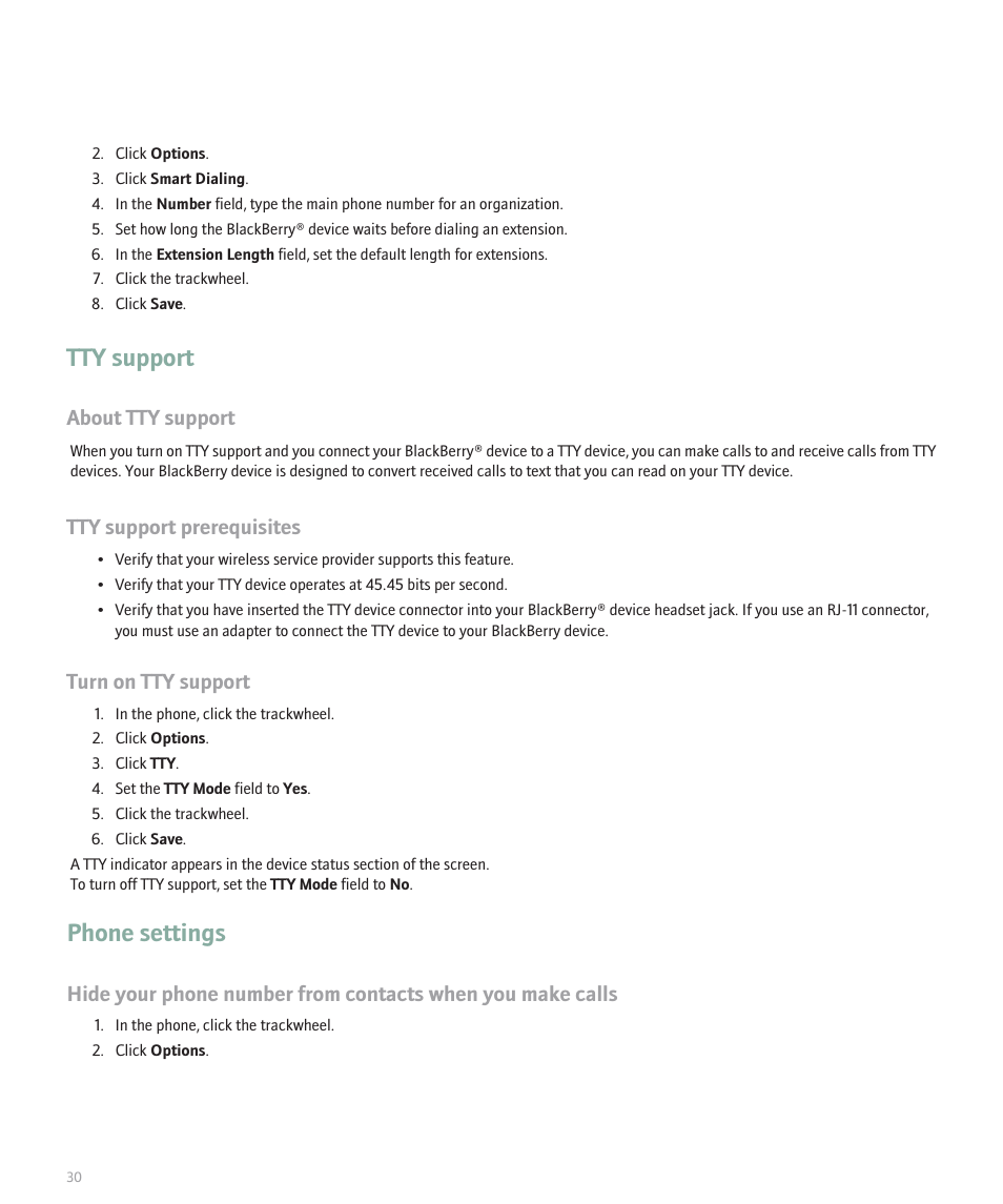 Tty support, Phone settings, About tty support | Tty support prerequisites, Turn on tty support | Blackberry 8707 Series User Manual | Page 32 / 240
