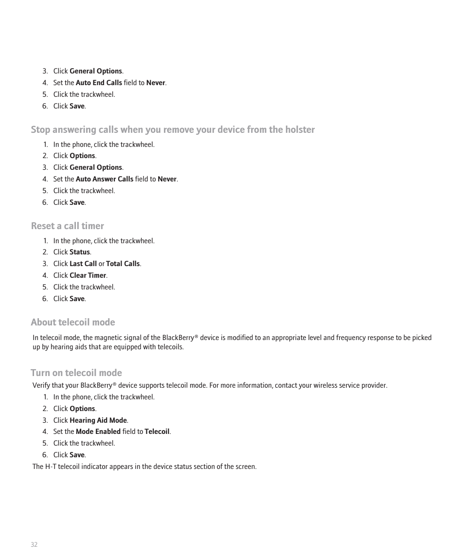 Reset a call timer, About telecoil mode, Turn on telecoil mode | Blackberry 8707 Series User Manual | Page 34 / 240