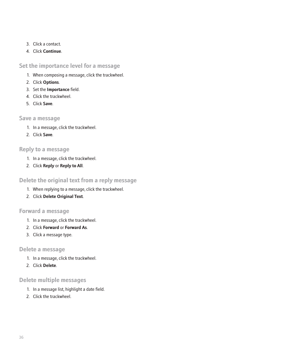 Set the importance level for a message, Save a message, Reply to a message | Delete the original text from a reply message, Forward a message, Delete a message, Delete multiple messages | Blackberry 8707 Series User Manual | Page 38 / 240