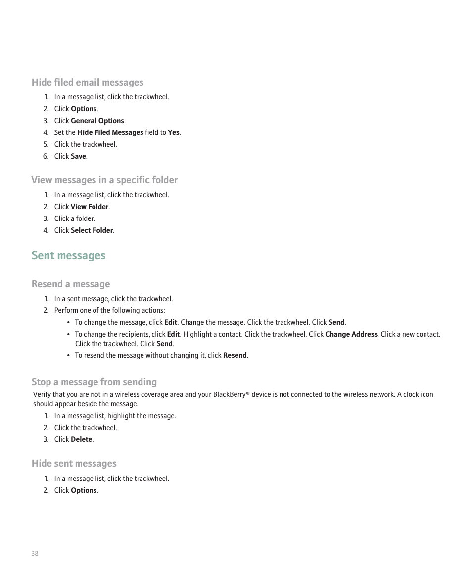 Sent messages, Hide filed email messages, View messages in a specific folder | Resend a message, Stop a message from sending, Hide sent messages | Blackberry 8707 Series User Manual | Page 40 / 240