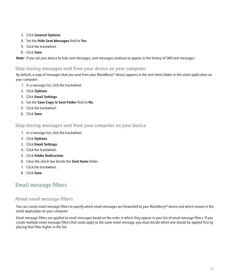 Email message filters, About email message filters | Blackberry 8707 Series User Manual | Page 41 / 240