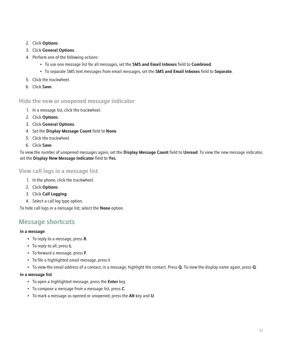 Message shortcuts, Hide the new or unopened message indicator, View call logs in a message list | Blackberry 8707 Series User Manual | Page 49 / 240