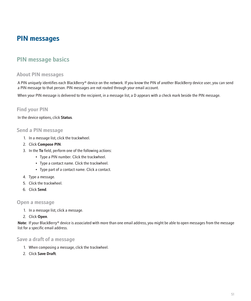 Pin messages, Pin message basics, About pin messages | Find your pin, Send a pin message, Open a message, Save a draft of a message | Blackberry 8707 Series User Manual | Page 53 / 240