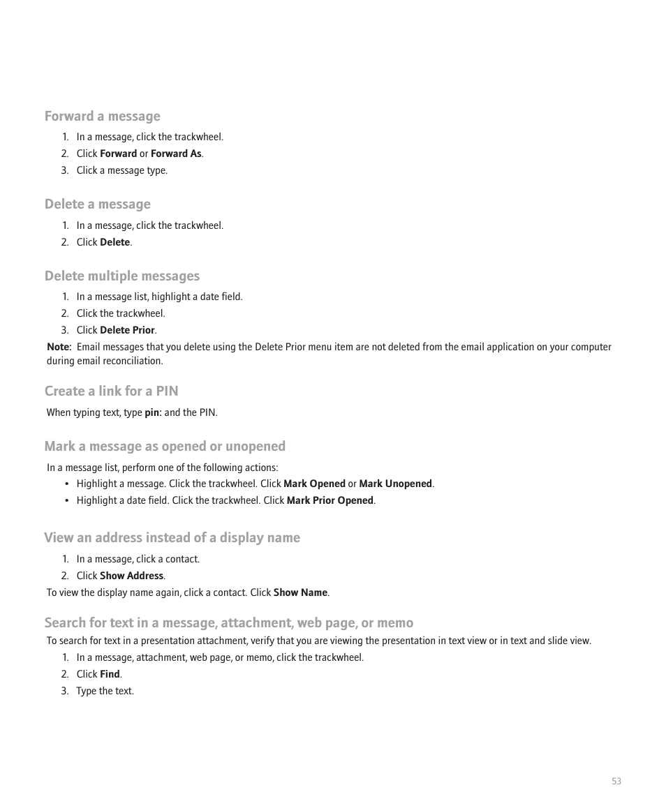 Forward a message, Delete a message, Delete multiple messages | Create a link for a pin, Mark a message as opened or unopened, View an address instead of a display name | Blackberry 8707 Series User Manual | Page 55 / 240