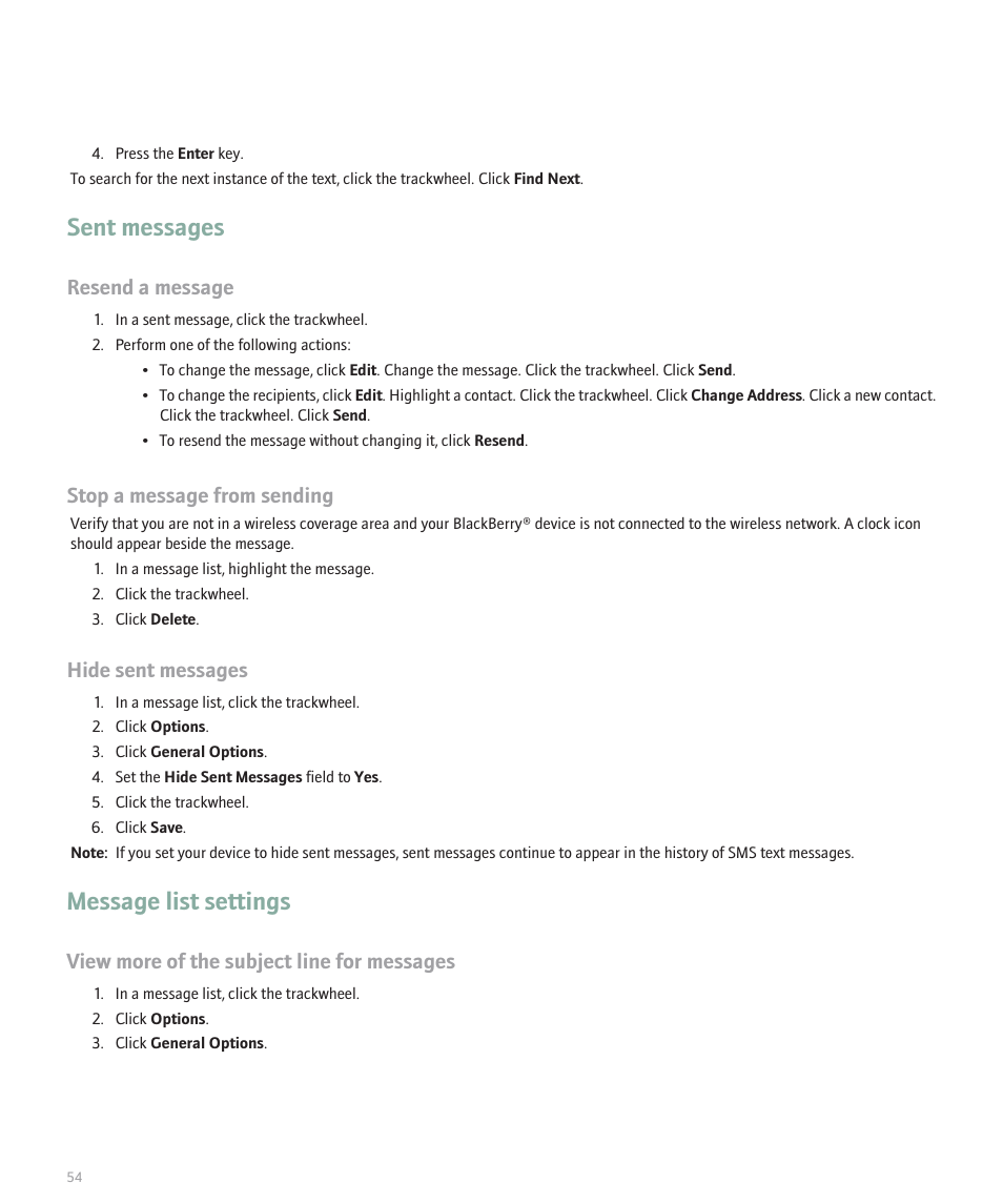 Sent messages, Message list settings, Resend a message | Stop a message from sending, Hide sent messages, View more of the subject line for messages | Blackberry 8707 Series User Manual | Page 56 / 240