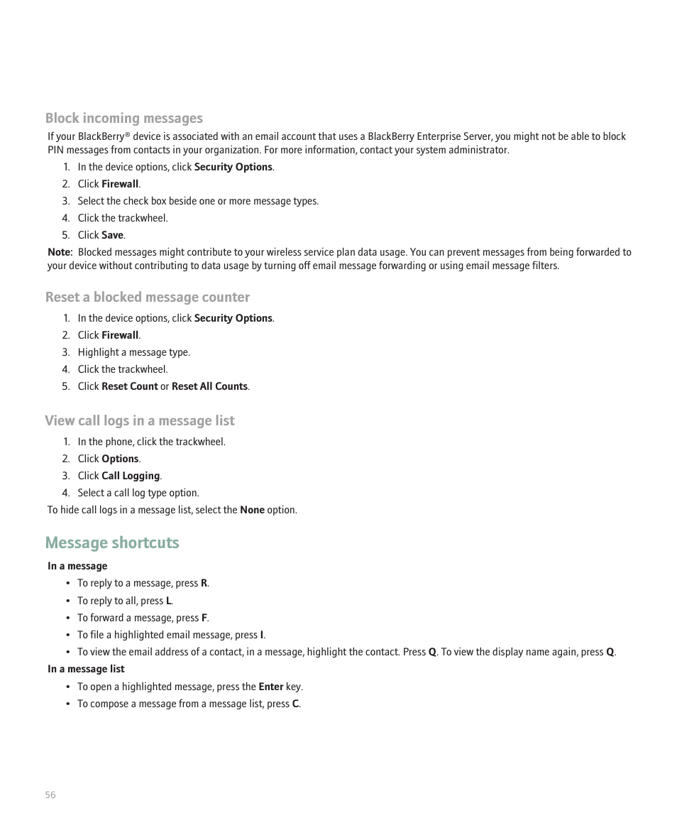 Message shortcuts, Block incoming messages, Reset a blocked message counter | View call logs in a message list | Blackberry 8707 Series User Manual | Page 58 / 240