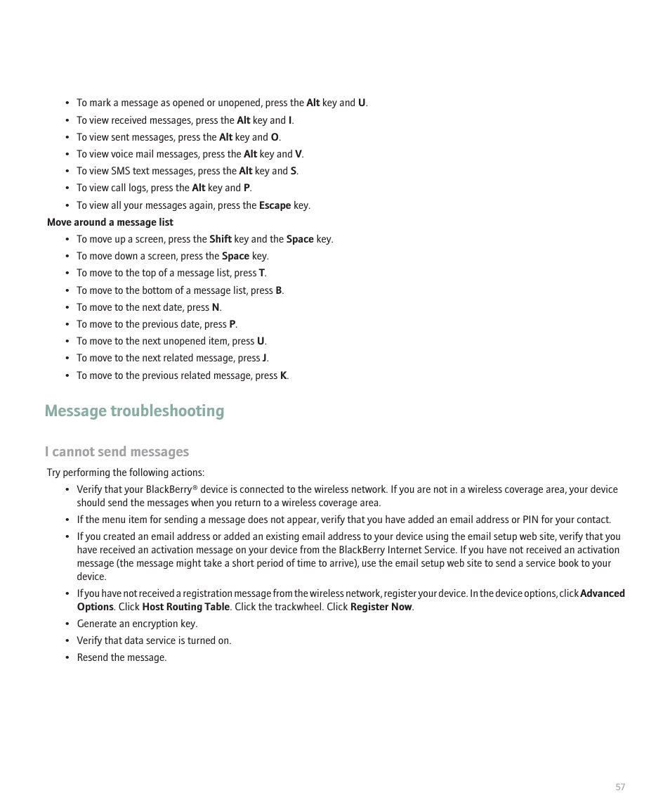 Message troubleshooting, I cannot send messages | Blackberry 8707 Series User Manual | Page 59 / 240