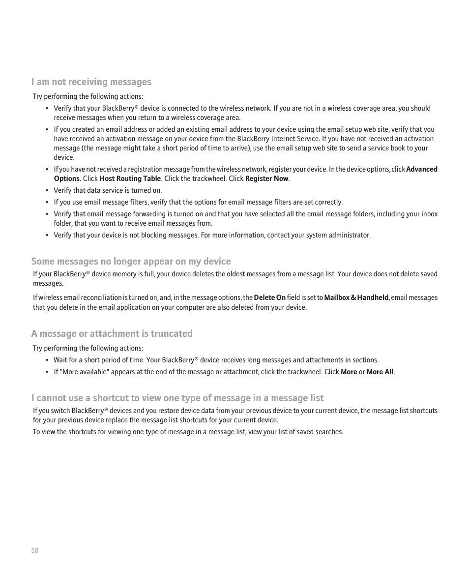 I am not receiving messages, Some messages no longer appear on my device, A message or attachment is truncated | Blackberry 8707 Series User Manual | Page 60 / 240