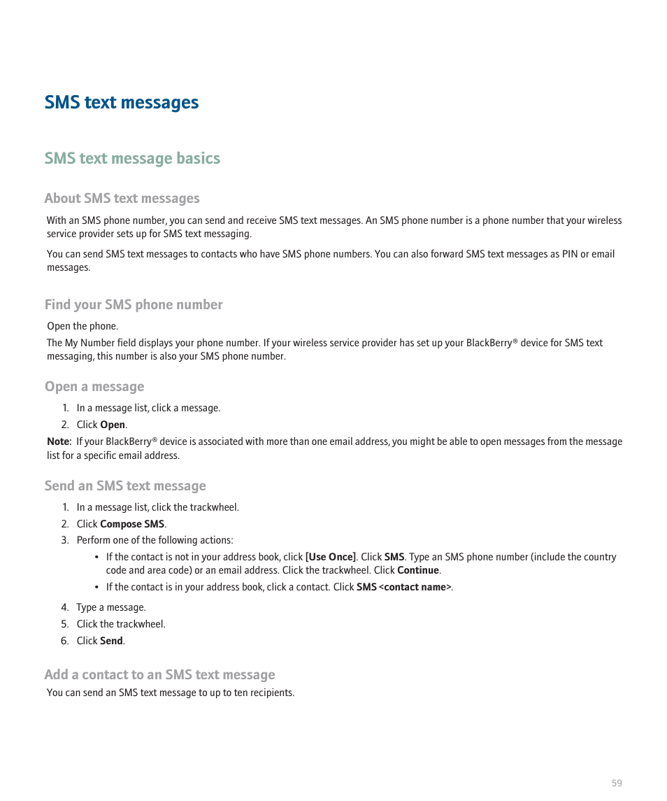 Sms text messages, Sms text message basics, About sms text messages | Find your sms phone number, Open a message, Send an sms text message, Add a contact to an sms text message | Blackberry 8707 Series User Manual | Page 61 / 240