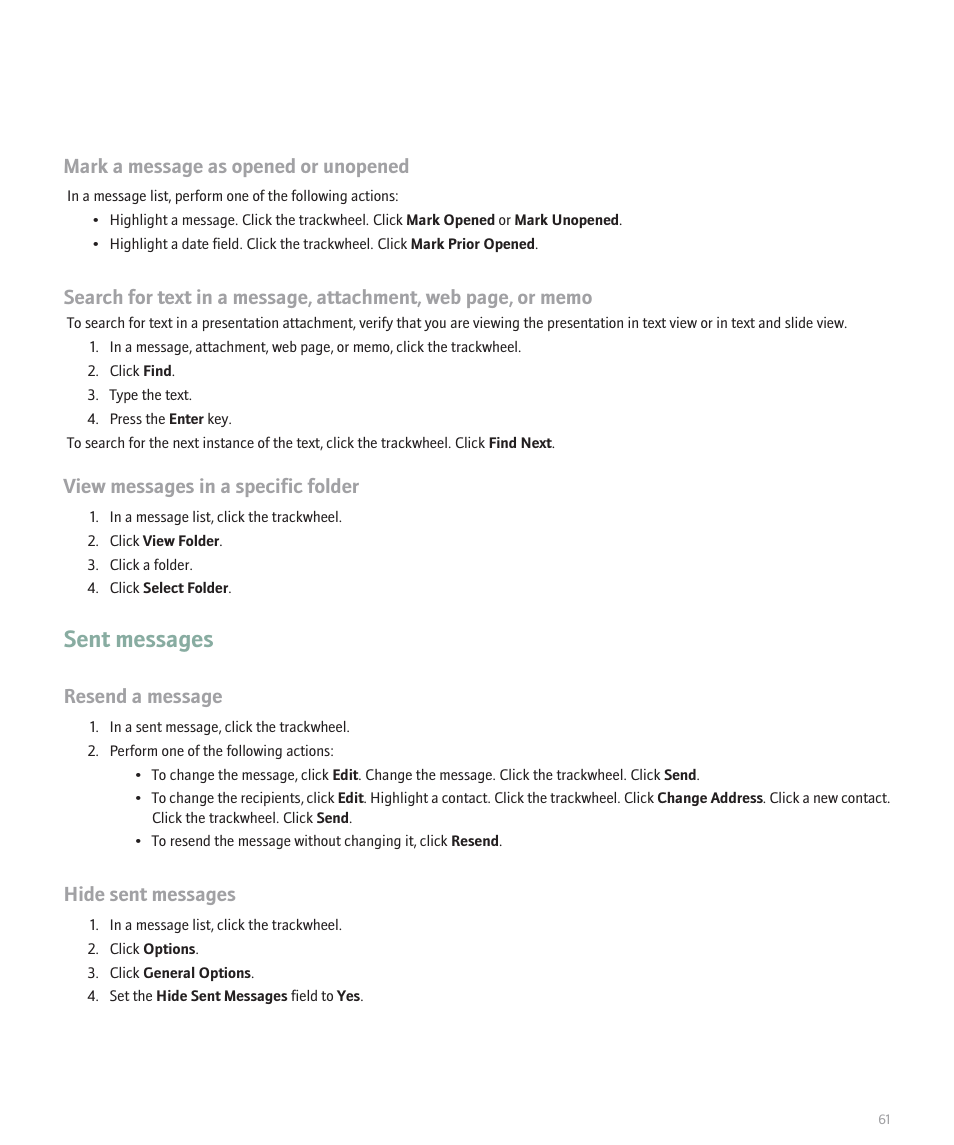 Sent messages, Mark a message as opened or unopened, View messages in a specific folder | Resend a message, Hide sent messages | Blackberry 8707 Series User Manual | Page 63 / 240