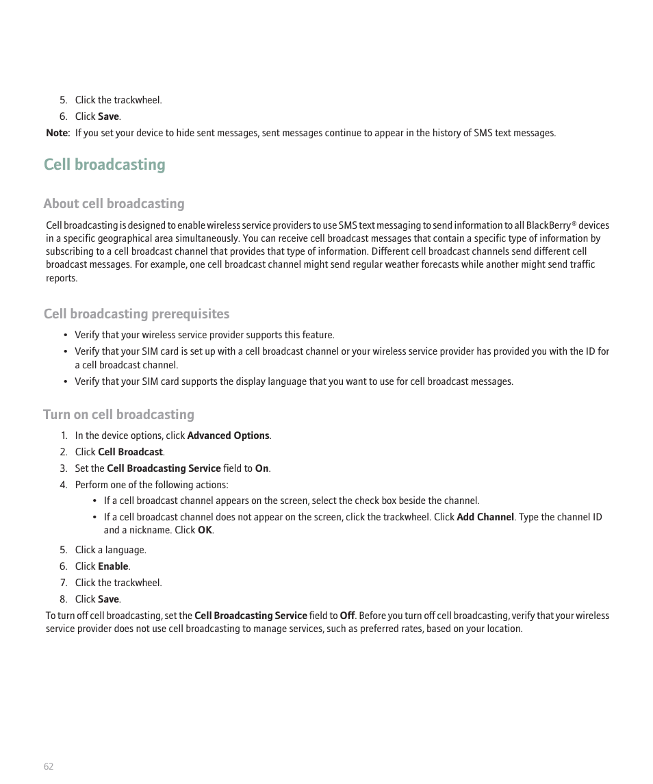 Cell broadcasting, About cell broadcasting, Cell broadcasting prerequisites | Turn on cell broadcasting | Blackberry 8707 Series User Manual | Page 64 / 240